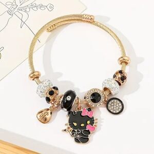 Hello Kitty Charm Pendant Black & Gold Tone Bangle Bracelet